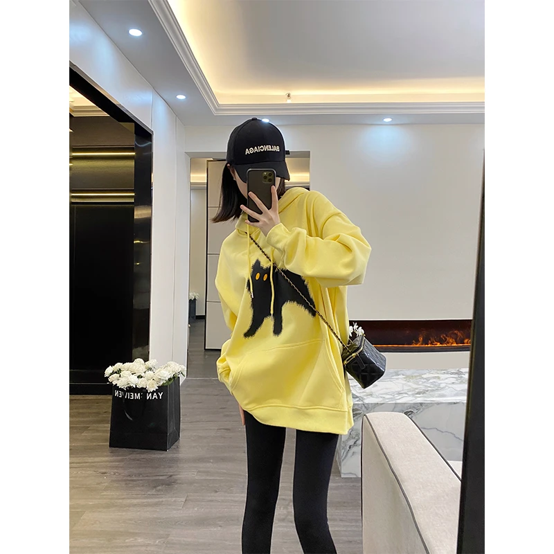 黄色连帽卫衣女秋冬季2023新款宽松中长款oversize慵懒风高档外套