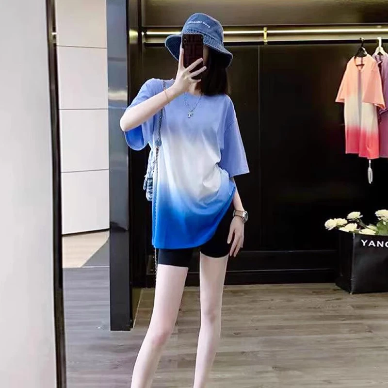 网红款蓝色短袖t恤女夏装宽松中长款设计感别致潮牌上衣女夏季