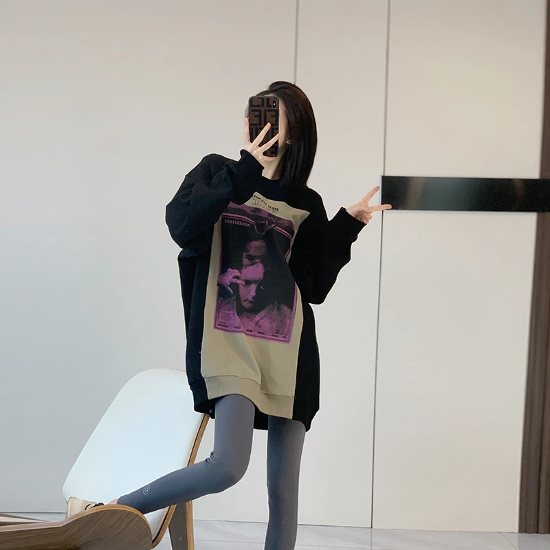 加绒加厚卫衣女秋冬季2023新款宽松中长款oversize慵懒风高档外套