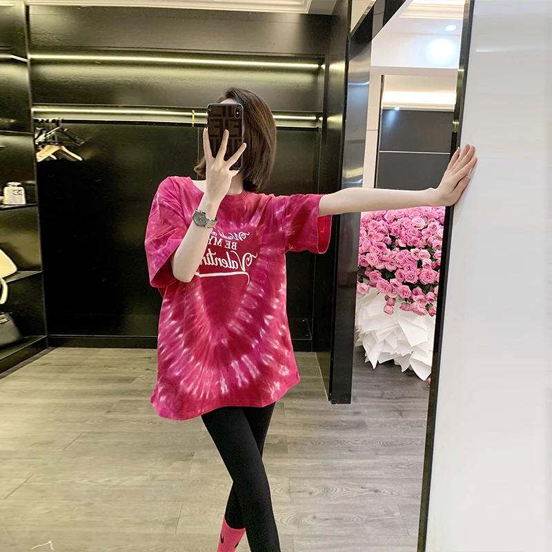 中长款女士高档短袖t恤女纯棉渐变色设计感小众潮牌上衣女夏季