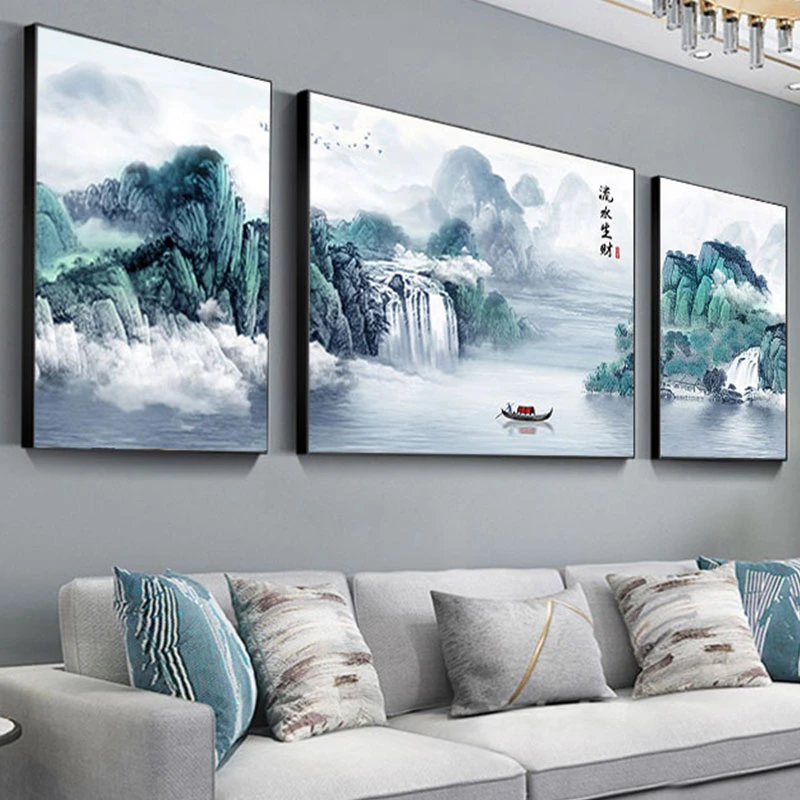 山水风景三联画2025新款十字绣线绣客厅大画新中式流水生财自己绣