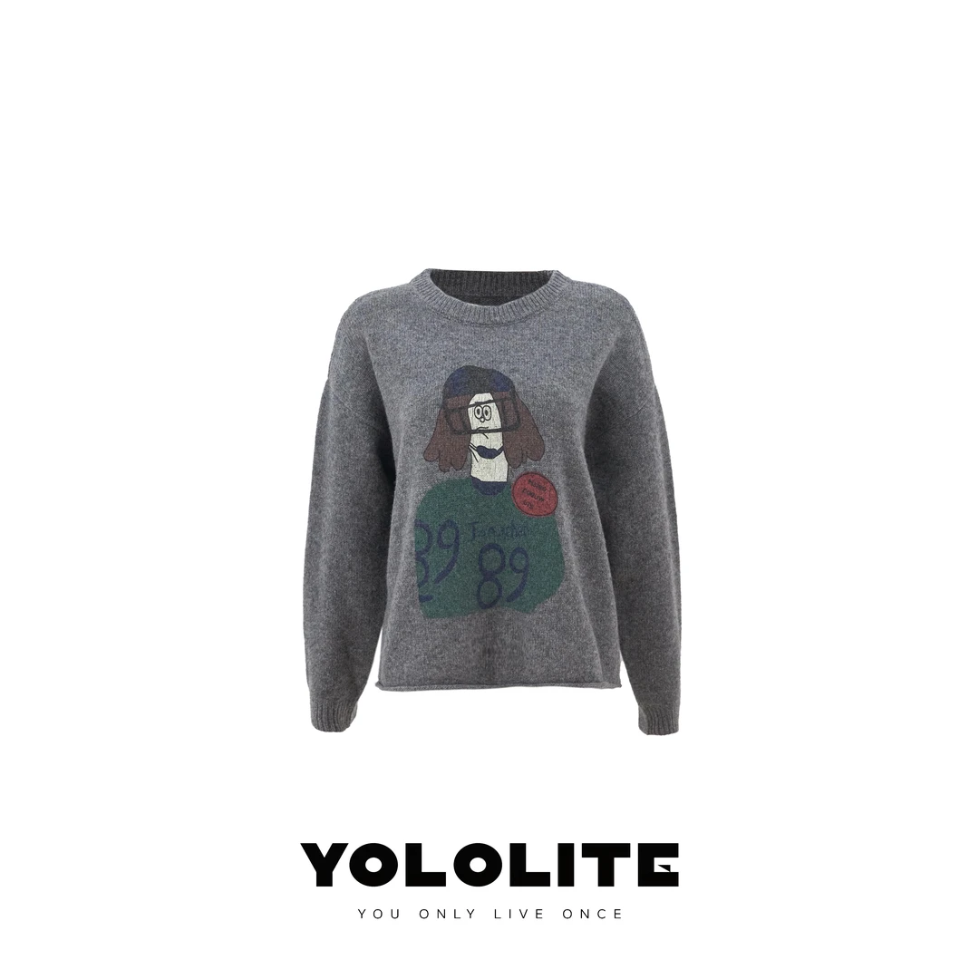 YOLOLITE【童趣】2467卡通印花卷边毛衣5针18支100%绵羊毛针织上衣