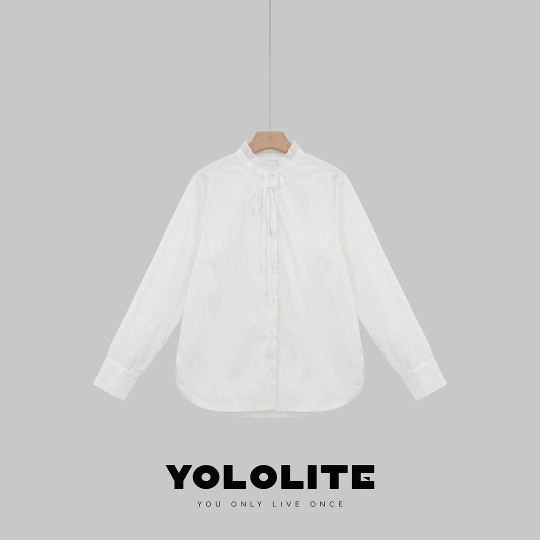 YOLOLITE【意外】2393高级感法式木耳边立领系带水洗棉白色衬衫开衫