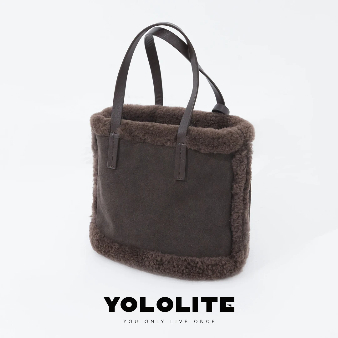 YOLOLITE【牛皮手提包】1253复古时尚高级感毛绒通勤手提水桶包