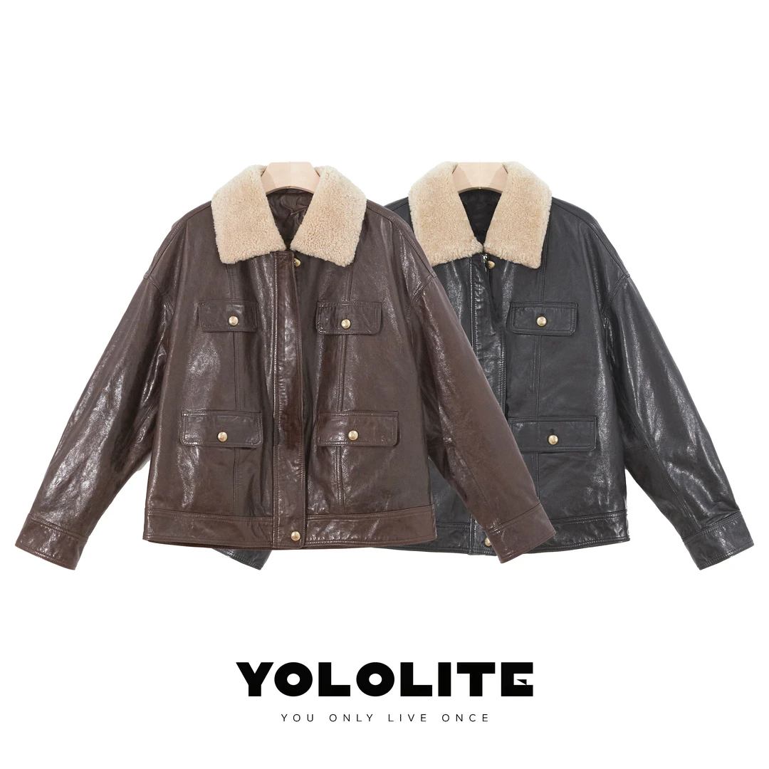 YOLOLITE 【摄影艺术】2166百分百绵羊皮50白鹅绒皮衣外套女