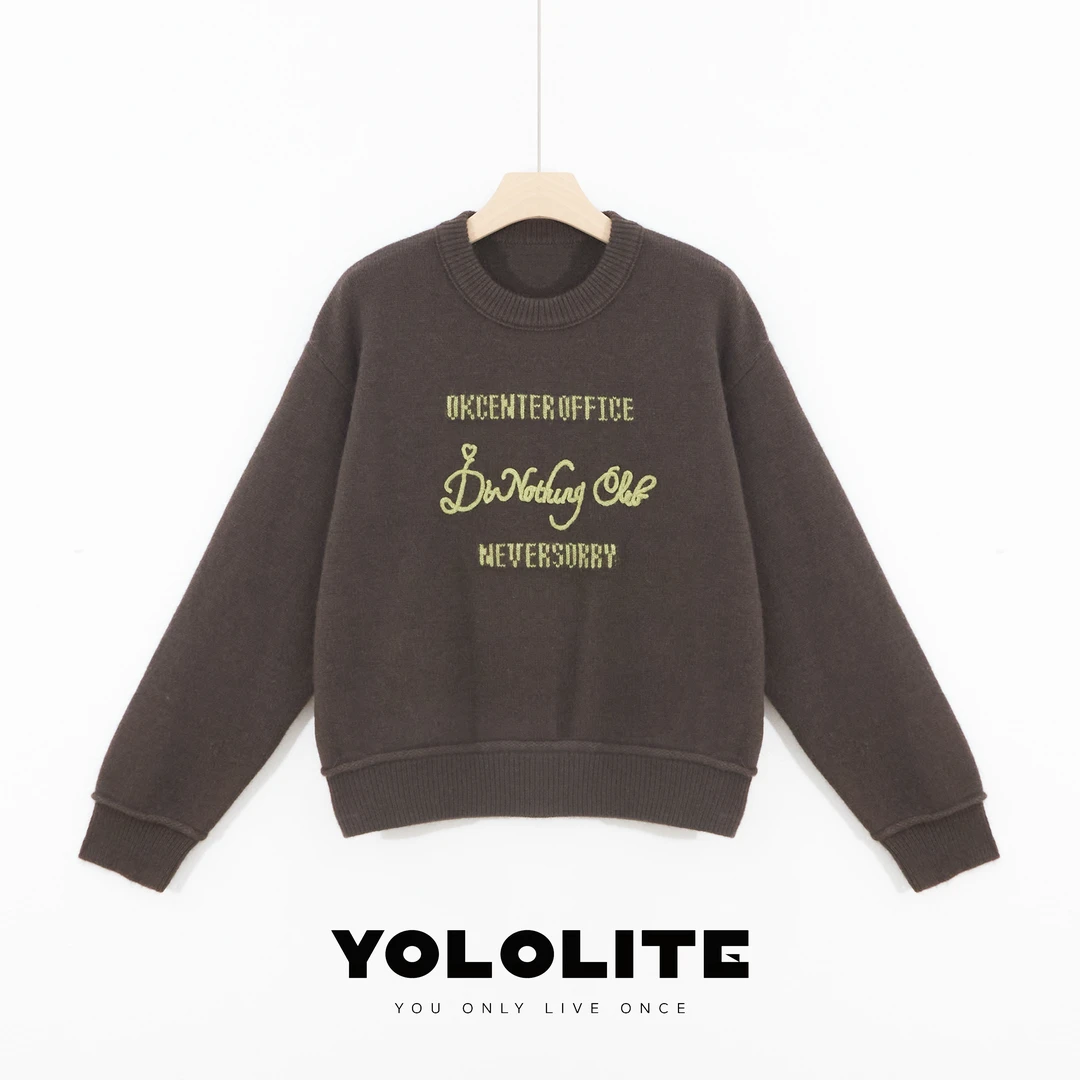 YOLOLITE【绿线毛衣】2327字母刺绣复古圆领毛衣绵羊毛针织上衣女
