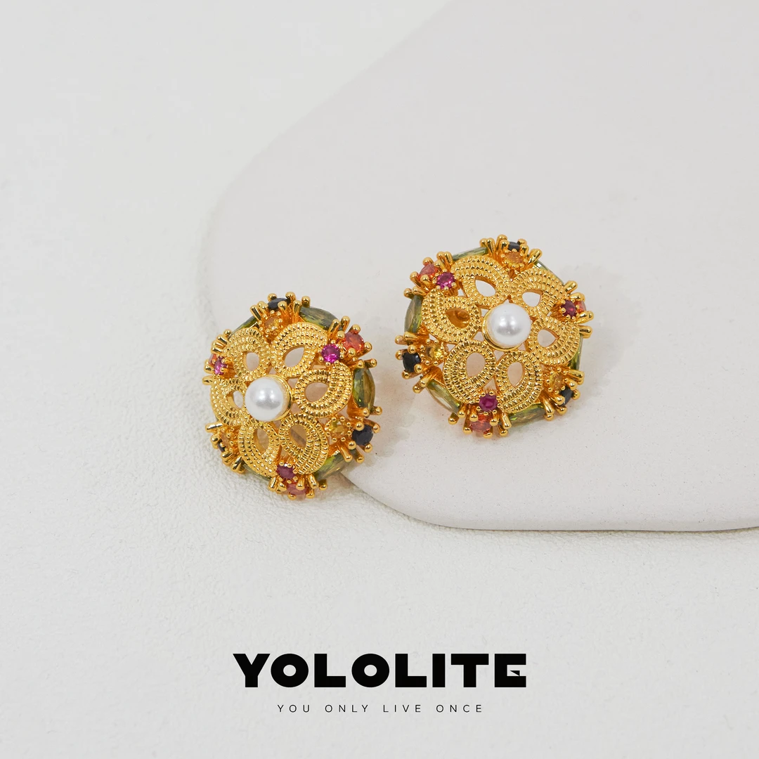 铜合金锆石耳饰 YOLOLITE【鎏金】2395耳饰中古镂空淡水珍珠耳钉