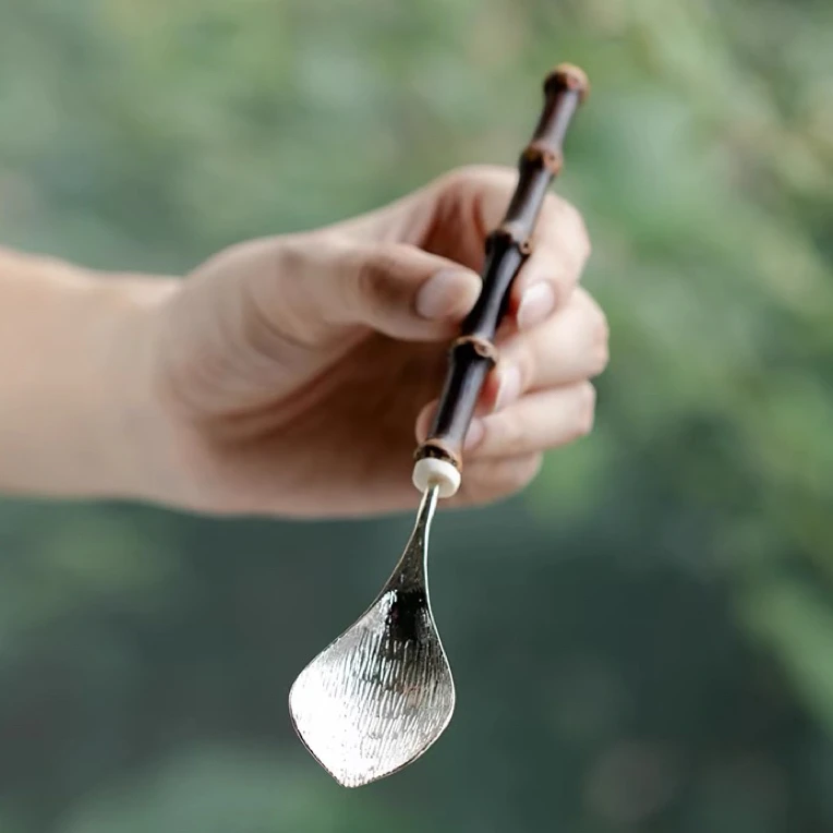 手工天然紫竹柄茶勺茶拔复古茶道配件