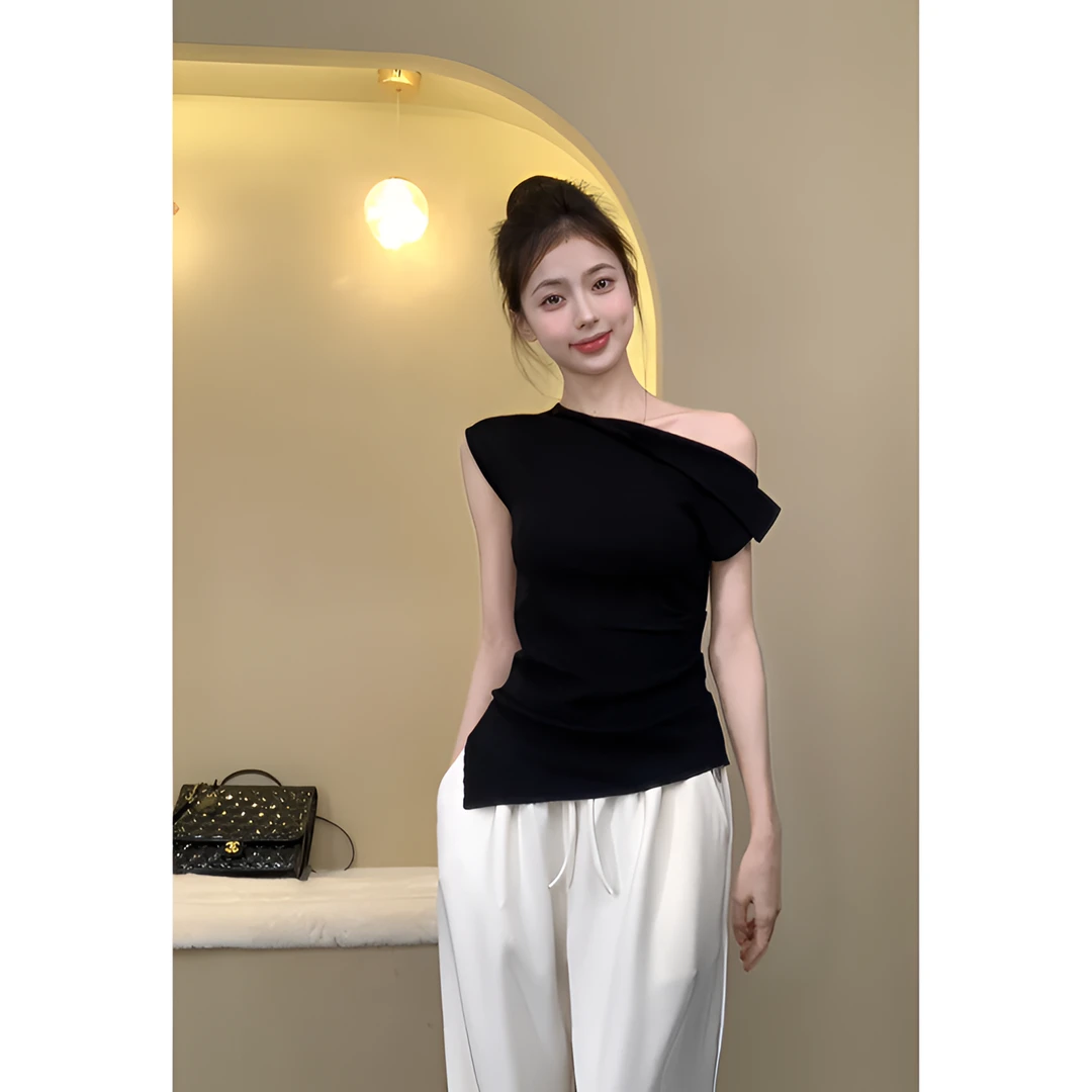 黑色不规则斜肩短袖T恤女夏装独特别致绝美修身露肩甜辣显瘦上衣