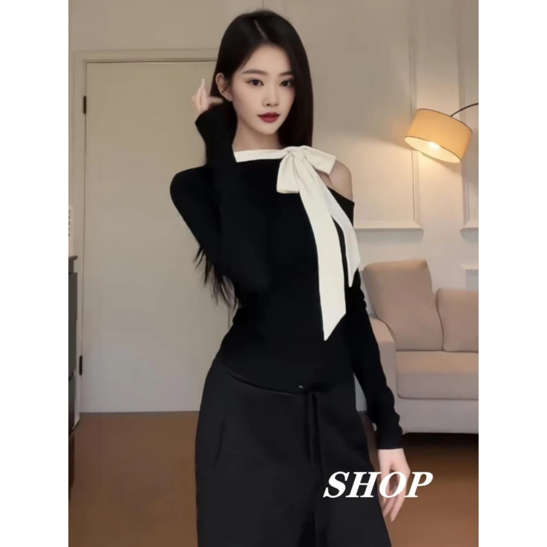 黑色露肩上衣女秋冬2024新款设计感小众修身蝴蝶结长袖针织衫T恤