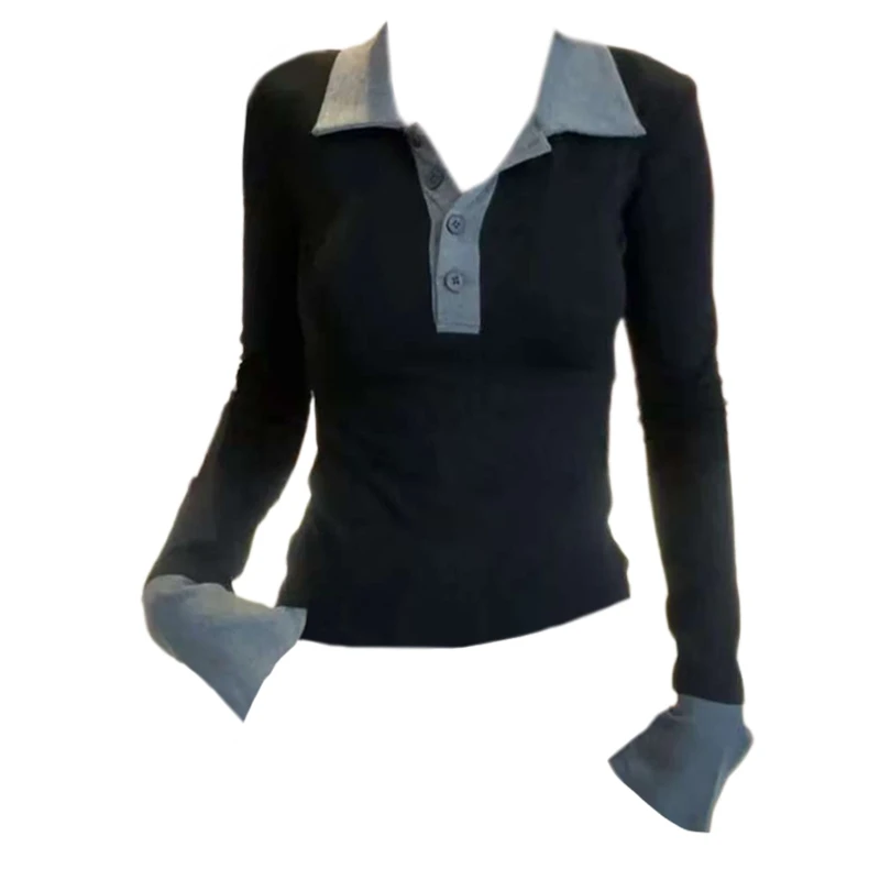 2024秋季新款时尚简约风POLO领撞色百搭设计感内搭显瘦长袖T恤女