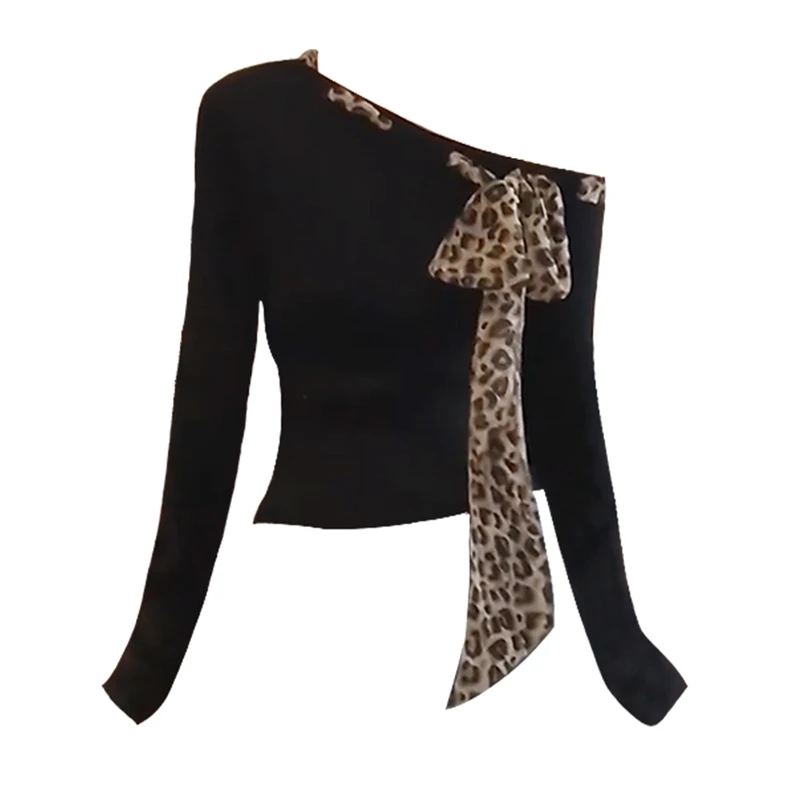 辣妹蝴蝶结一字肩露肩打底衫女内搭长袖秋季法式掐腰斜肩豹纹上衣