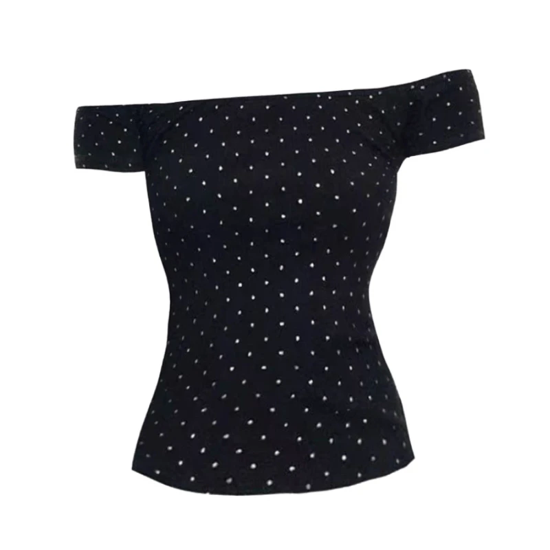 美式复古烫钻一字肩短袖t恤女2025年夏季新款设计感黑色显瘦上衣