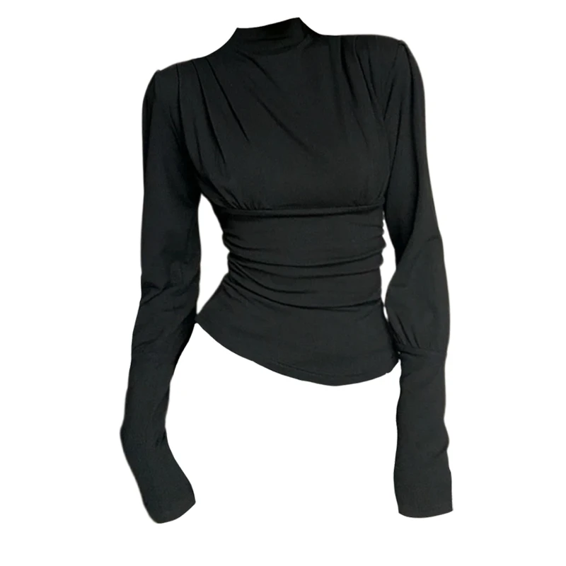 时尚休闲风圆领正肩百搭设计感长袖上衣女秋冬新款修身显瘦打底衫