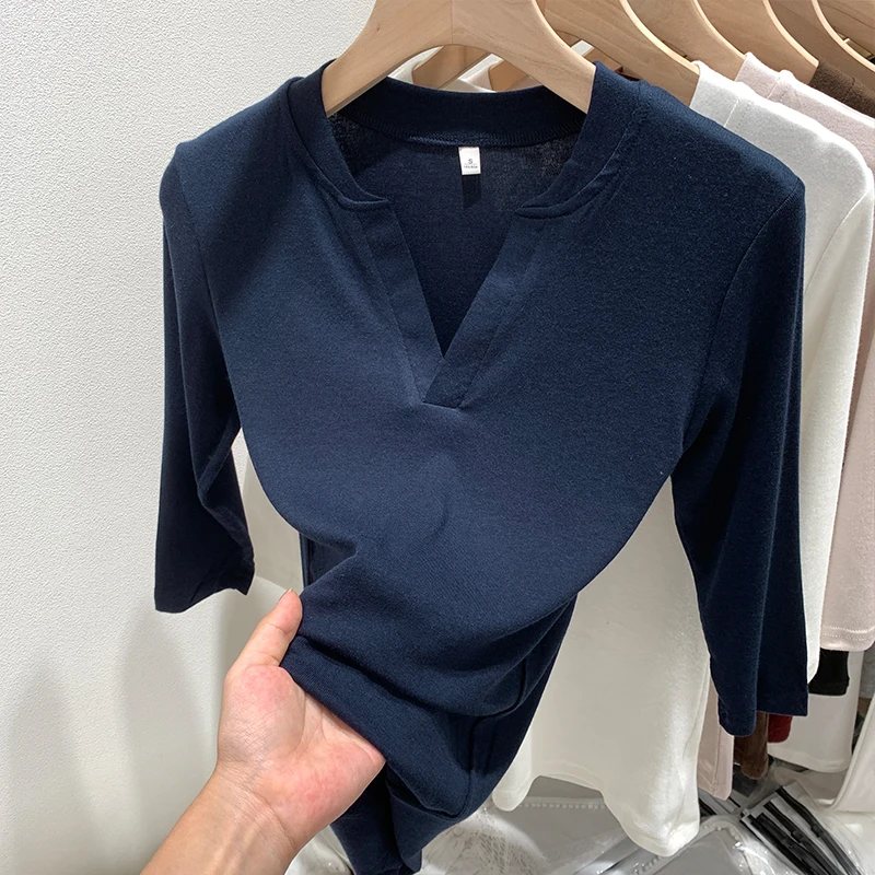 藏青色V领性感五分袖T恤女夏辣妹纯欲修身显瘦收腰薄款设计感上衣