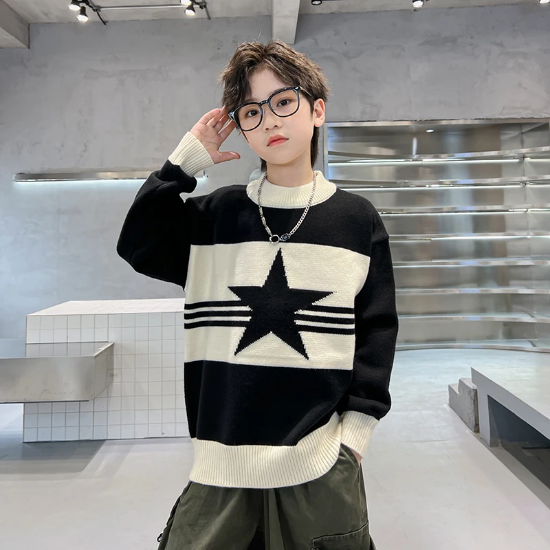 儿童毛衣男童针织衫大童秋冬套头上衣加厚条纹宽松洋气圆领韩版