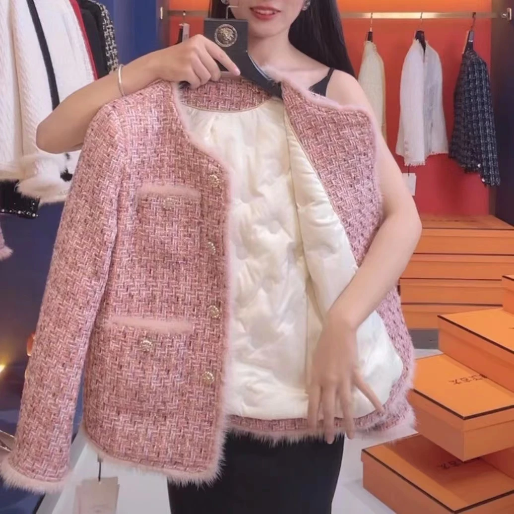 冬季新款高端粗花呢女2852冬季上衣女外套厚外套外套女粉色小香风