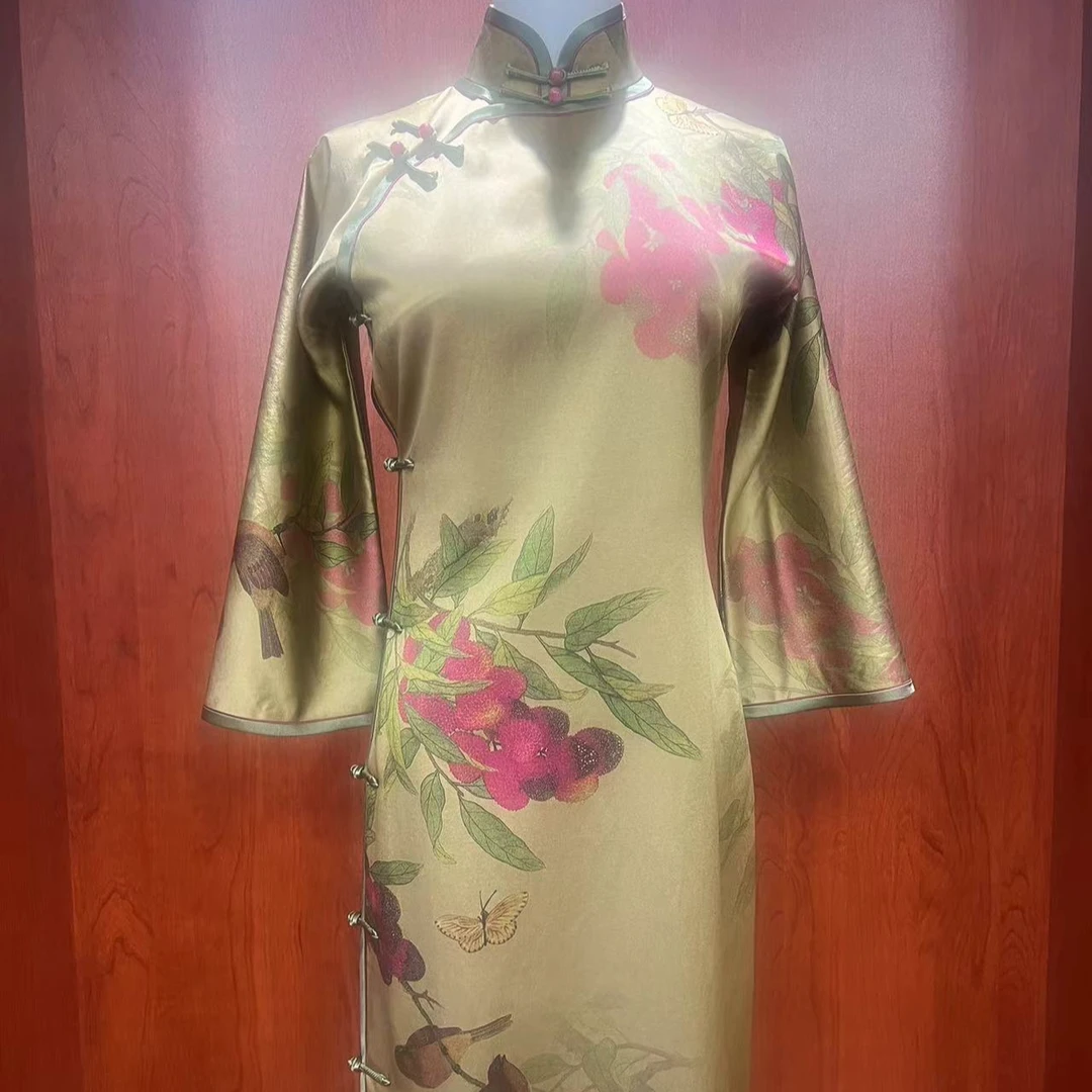 LAOSHECAIFENGPU/老舍裁缝铺秋香绿硕果湖丝气质时尚旗袍QP-7023