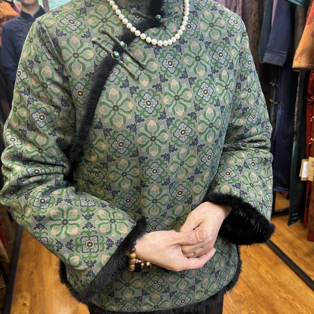 LAOSHECAIFENGPU/老舍裁缝铺SY-S3039毛领绿色中式小袄