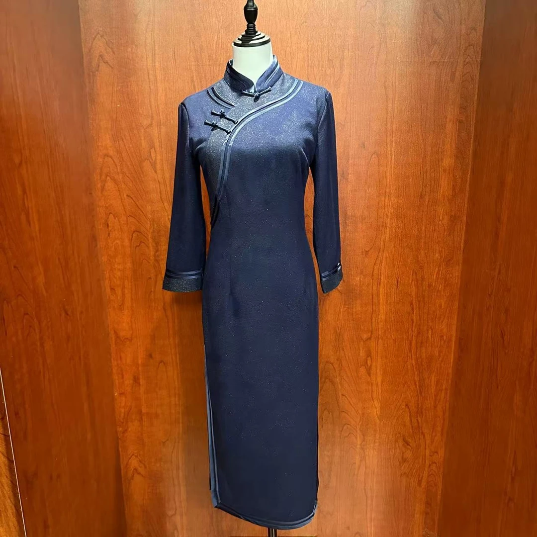 LAOSHECAIFENGPU/老舍裁缝铺QP-11.12中长款海军蓝旗袍