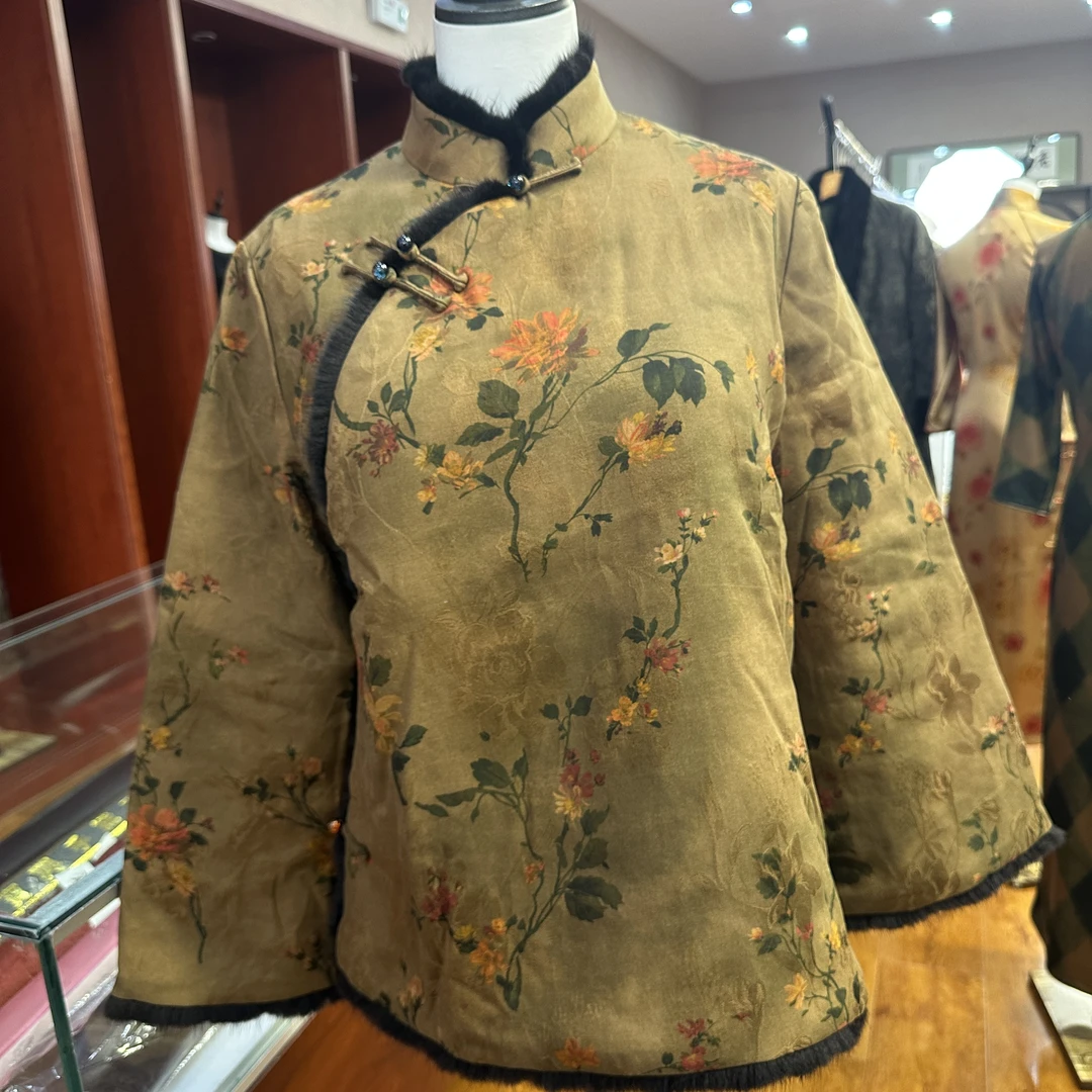 LAOSHECAIFENGPU/老舍裁缝铺SY-S3050毛领咖色小花中式小袄
