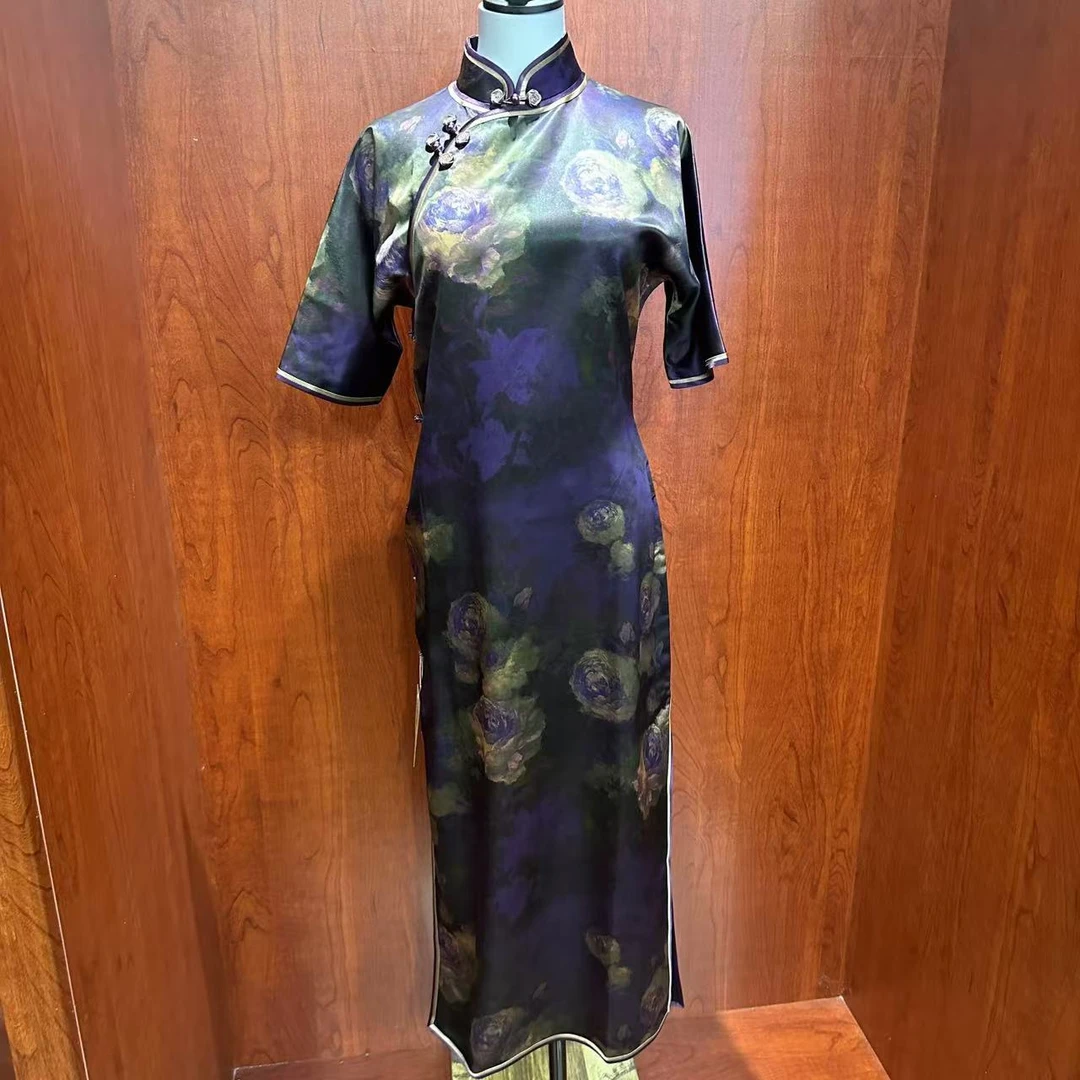 LAOSHECAIFENGPU/老舍裁缝铺QP-7073紫花晕染经典气质旗袍