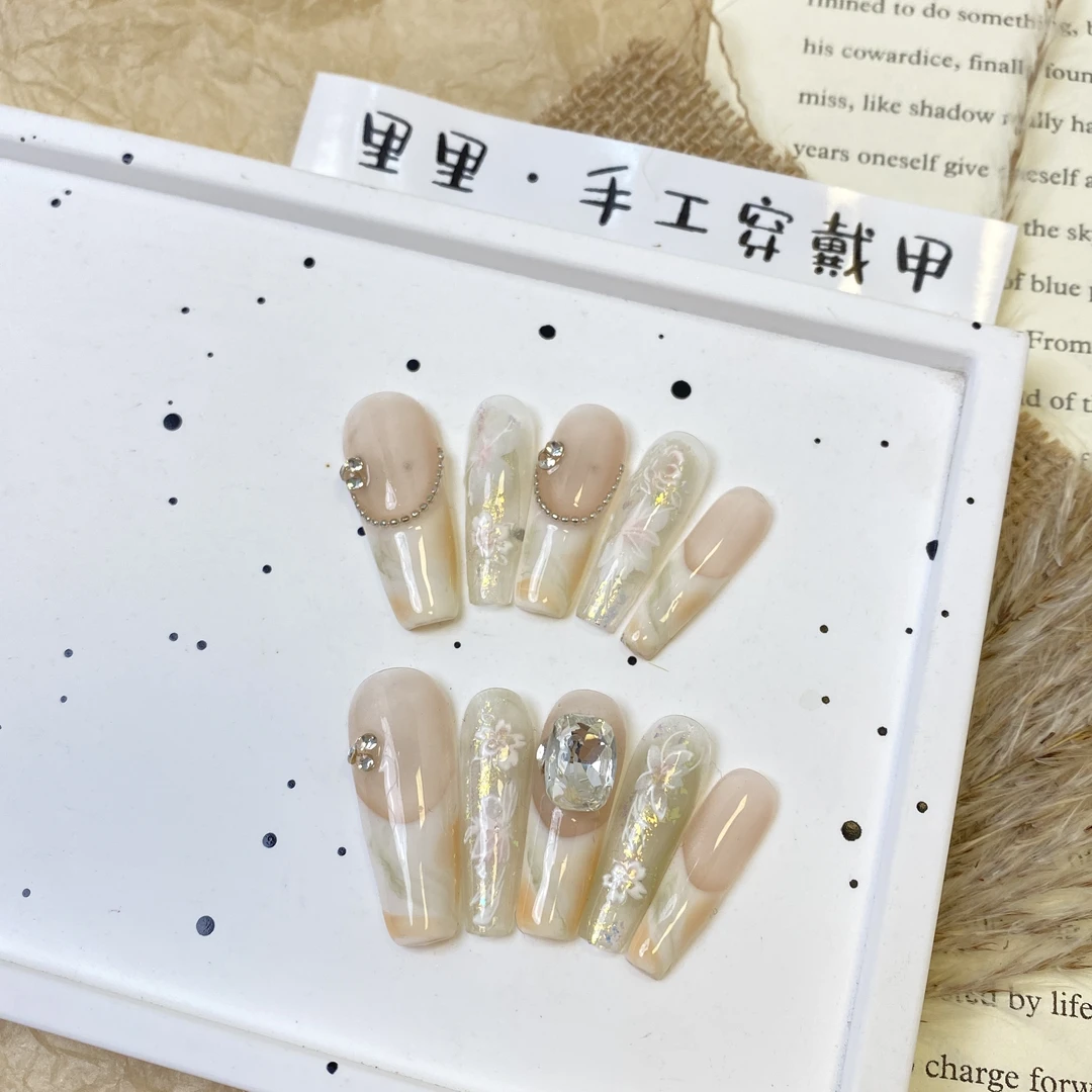 【晚晚】长梯纯手工纯欲氛围感晕染法式花朵简约清爽莫奈穿戴甲G