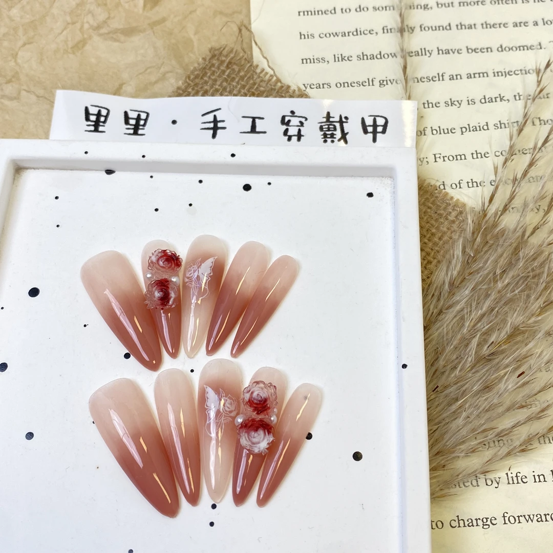 【无人区玫瑰】长尖纯手工光疗穿戴甲冰透双生渐变玫瑰花高级蝴蝶G