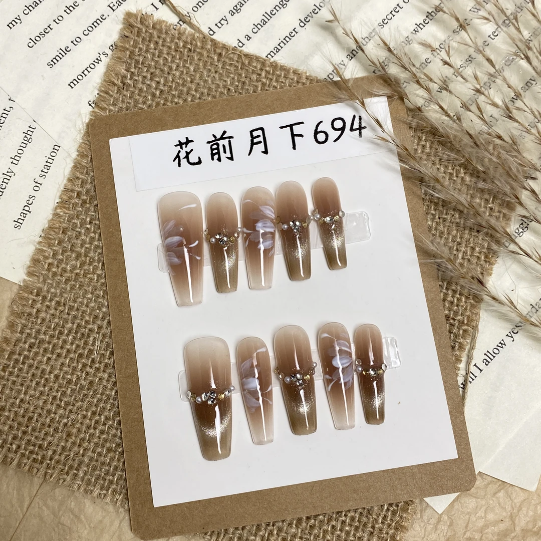 【花前月下】长梯长尖美拉德显白秋冬手绘花朵纯欲纯手工穿戴甲G