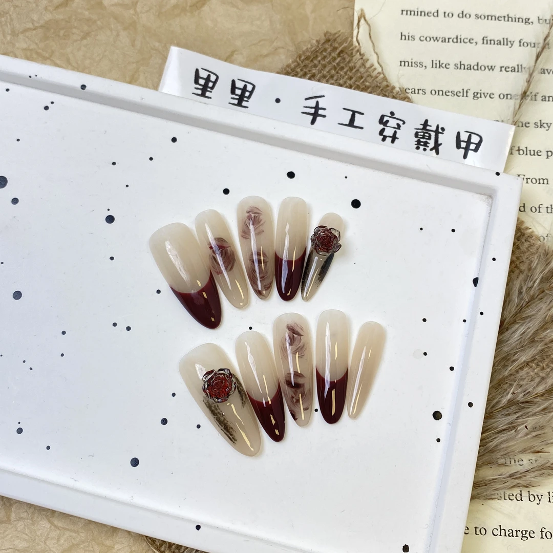 【法式玫瑰】长杏仁轻奢高级感晕染玫瑰小众ins百搭精致手工穿戴甲H