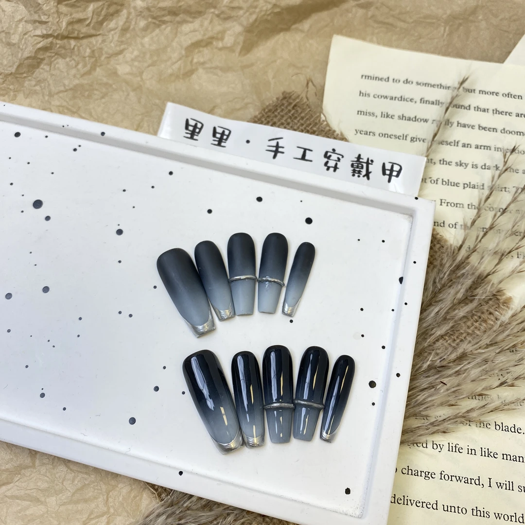 【琅琊榜】长T中T冬蓝黑色渐变磨砂光面ab甲手工穿戴甲显白款甜酷D