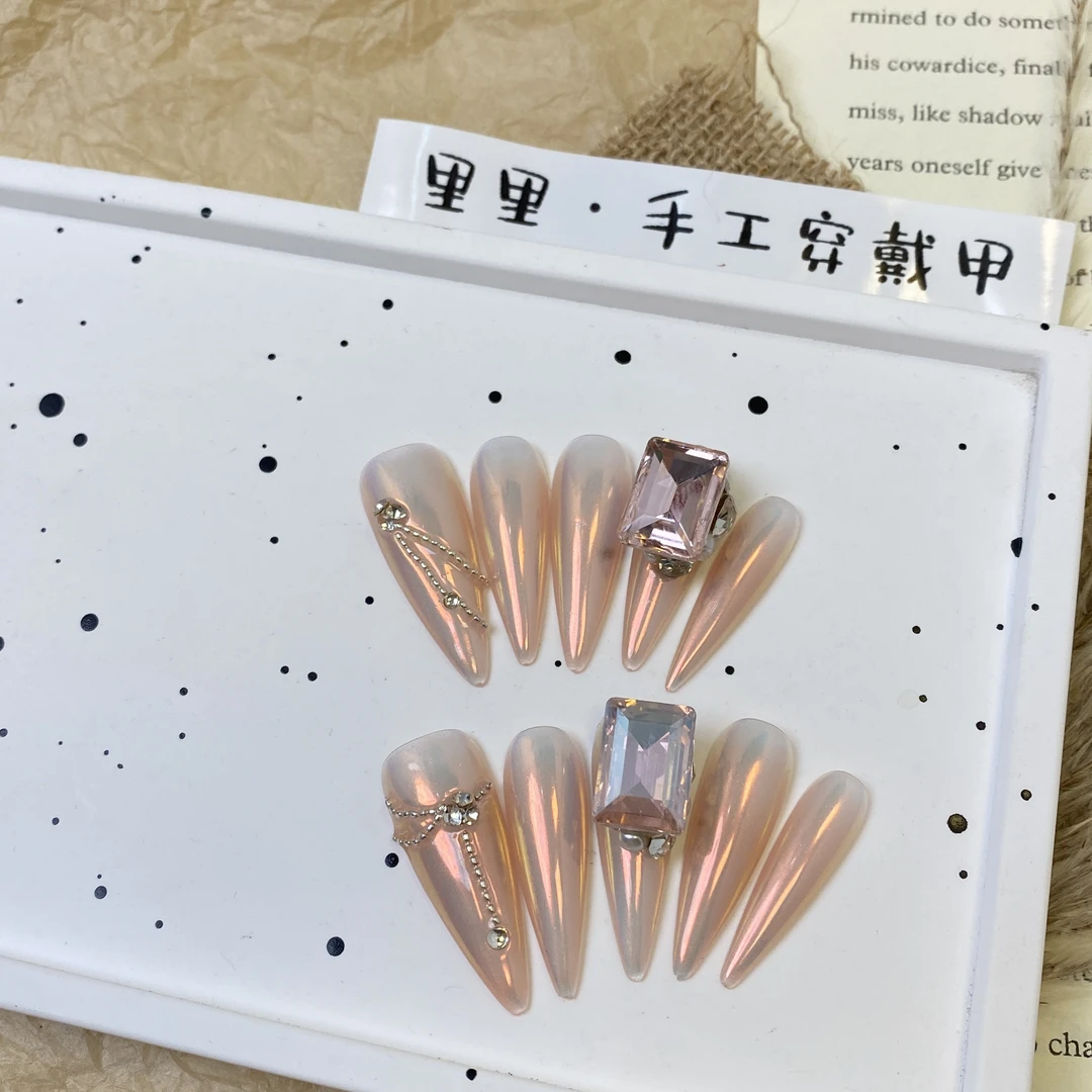 【晚霞】长尖手工穿戴甲极光魔镜人鱼粉清新链条K9堆堆钻微光日常G