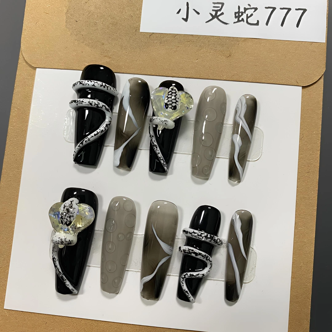 【小灵蛇】长梯纯手工穿戴甲甜酷国风水墨晕染立体小蛇辣妹简约风M
