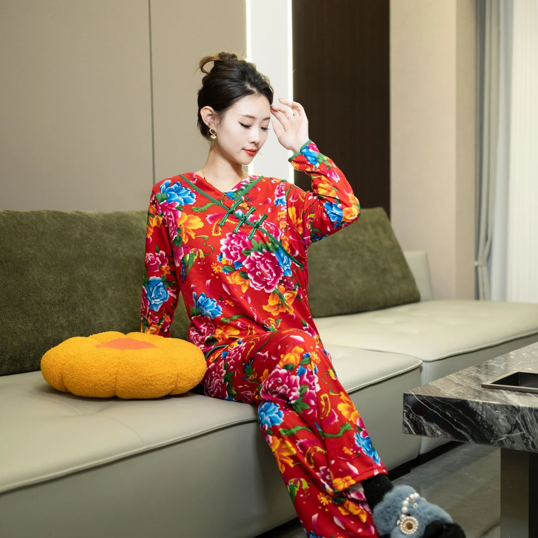 秋冬新款家居服套装德绒料时尚网红女士宽松显瘦中式国风大码舒适