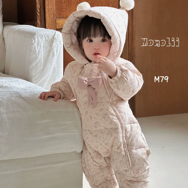 婴儿羽绒服连体衣森系碎花双毛球帽子韩范公主哈衣白鸭绒羽绒服79