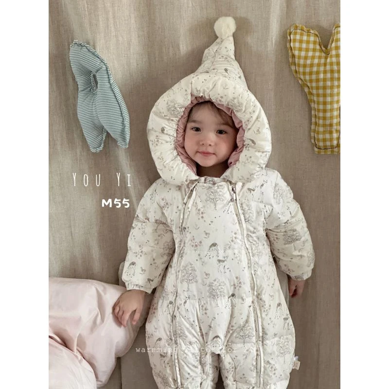 婴儿宝宝连帽保暖白鸭绒双拉链儿童小鹿加厚外出羽绒服连体哈衣55