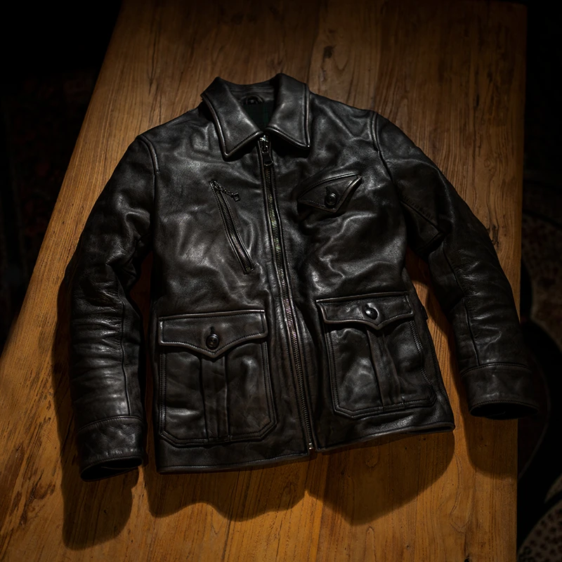 莫臣男装水洗头层牛皮褪色做旧绿茶芯报童翻领拉链真皮皮衣LC-778