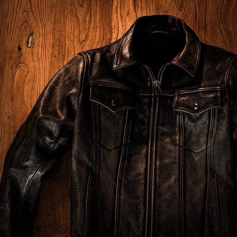 莫臣男装牛皮水洗褪色做旧绿茶芯机车服真皮皮衣皮夹克 LC-6137