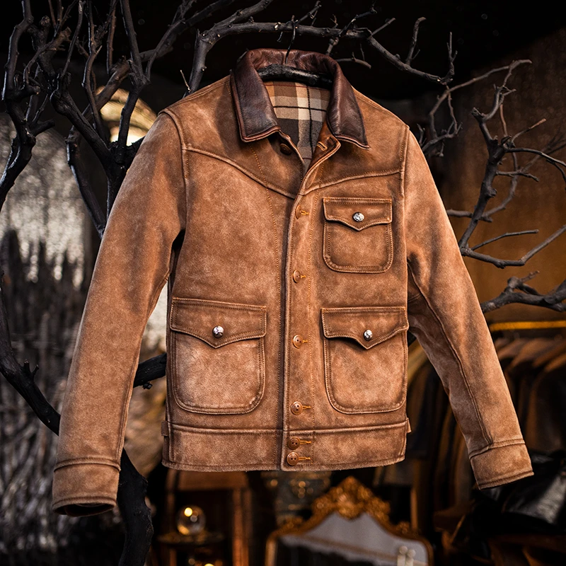 重工水洗~斑驳旧化莫臣男装真皮皮衣翻领复古黄反绒牛皮夹克F2472