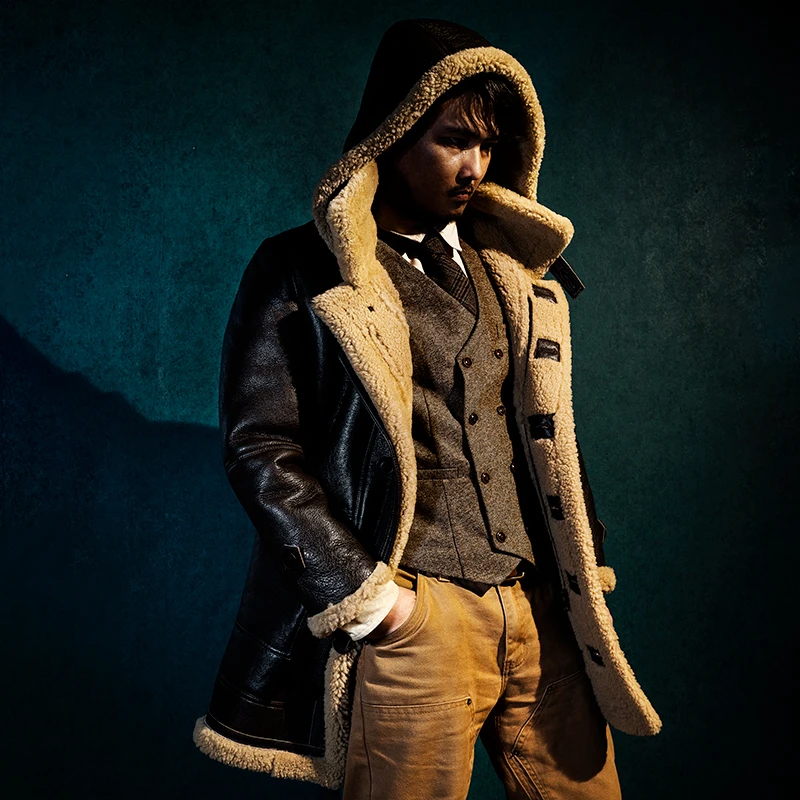 莫臣男装冬季新款风衣款连帽保暖外套中长款真皮皮衣加厚2136LM