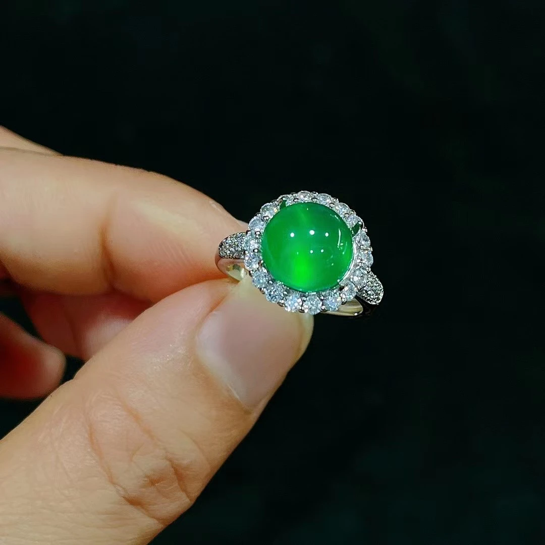 天然高冰满绿玉髓圆形玉髓活口戒指精品玉髓戒指女款