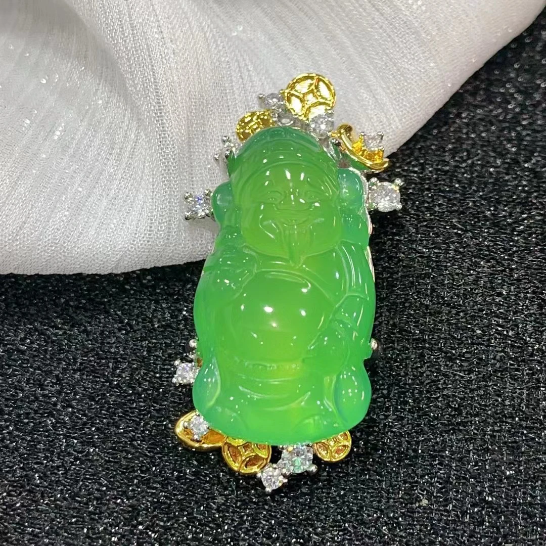 新款天然冰透财神阳绿玉髓女款精品财神项链锁骨链 闺蜜女友礼物