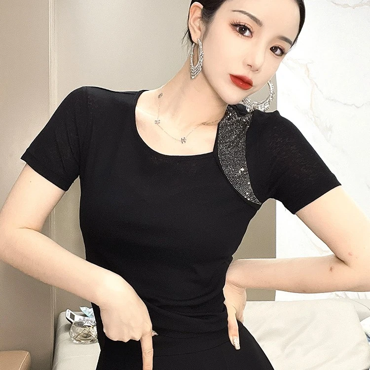 瑞秋-简欧轻奢高端烫钻拼接纱网微透气质褶皱女装短袖t恤上衣8860