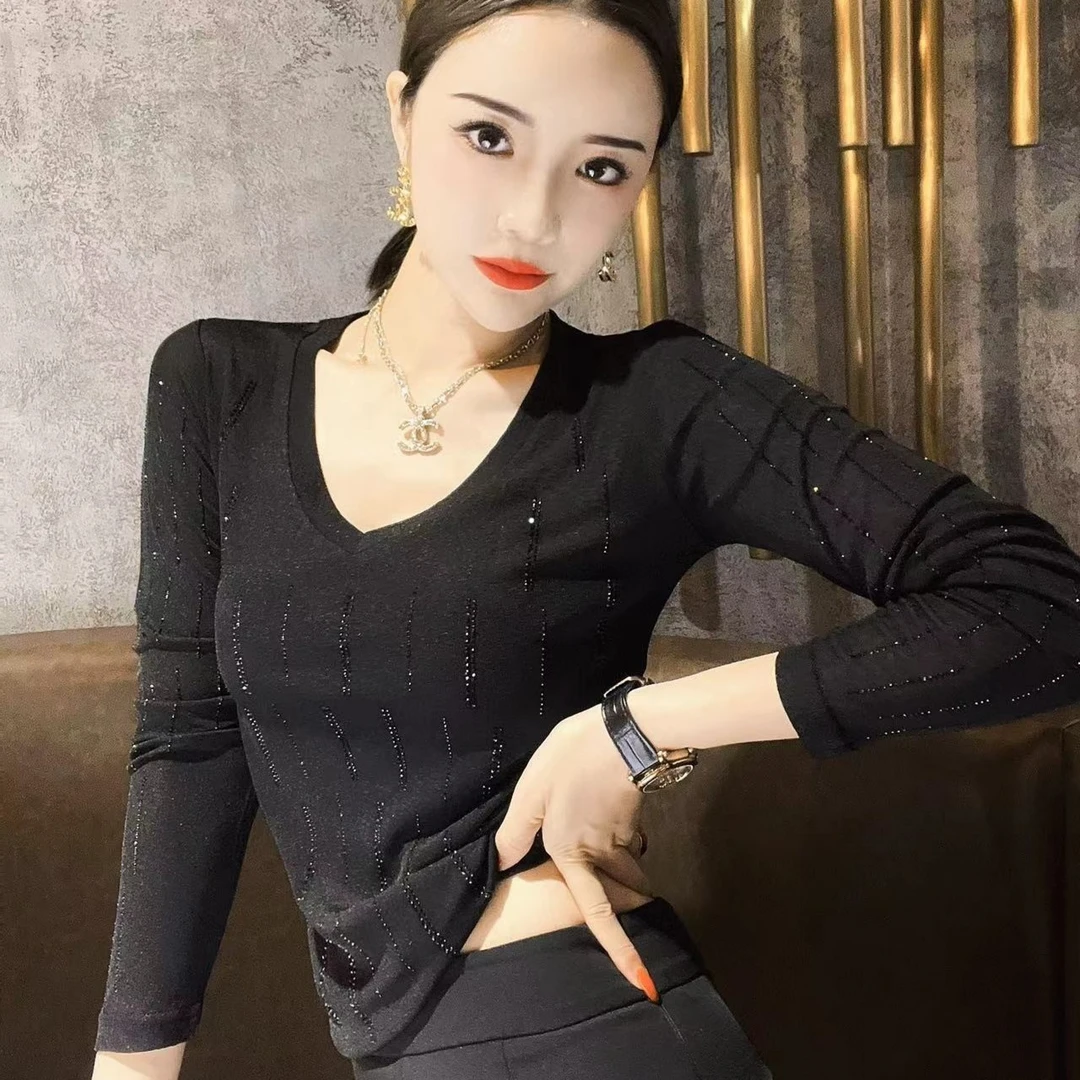 瑞秋-早秋新款简欧V领竖钻修身百搭直播间女装上衣长袖2026(副)