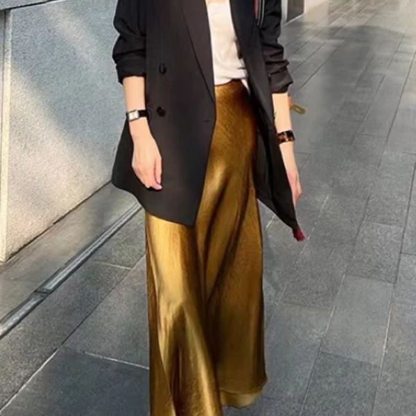 瑞秋-夏季轻奢高品质醋酸压皱高级感时尚女装长款开叉半身裙8876