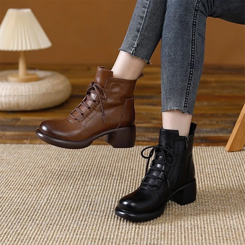 马丁靴女圆头新款系带粗跟软底加绒中跟中筒靴英伦风靴子秋冬时尚