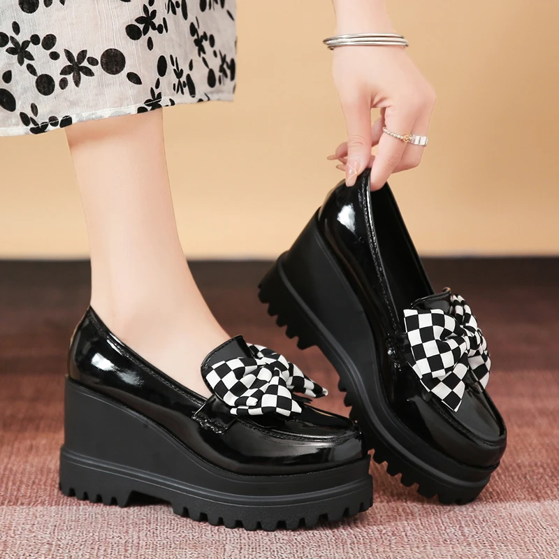 松糕百搭女2024春秋季新款棋盘格蝴蝶结厚底增高小个子高跟单鞋女