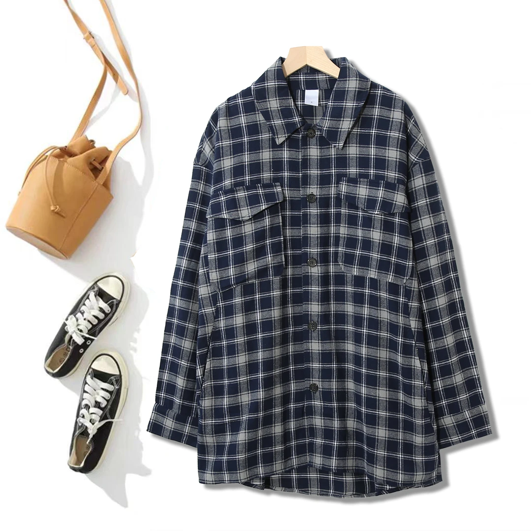 格子衬衫情侣春秋复古宽松百搭慵懒风衬衣格纹P-2C767（分色系）