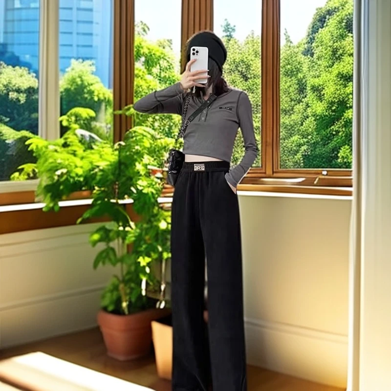 窄版阔腿裤女秋冬小个子显瘦显高百搭高腰黑色爆款加绒垂感长裤