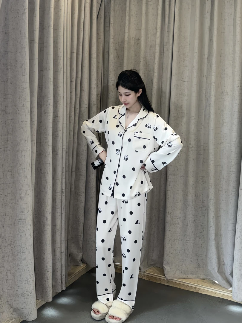 熊猫点点可爱休闲风女士睡衣春夏季长袖冰丝凉爽舒适家居服套装
